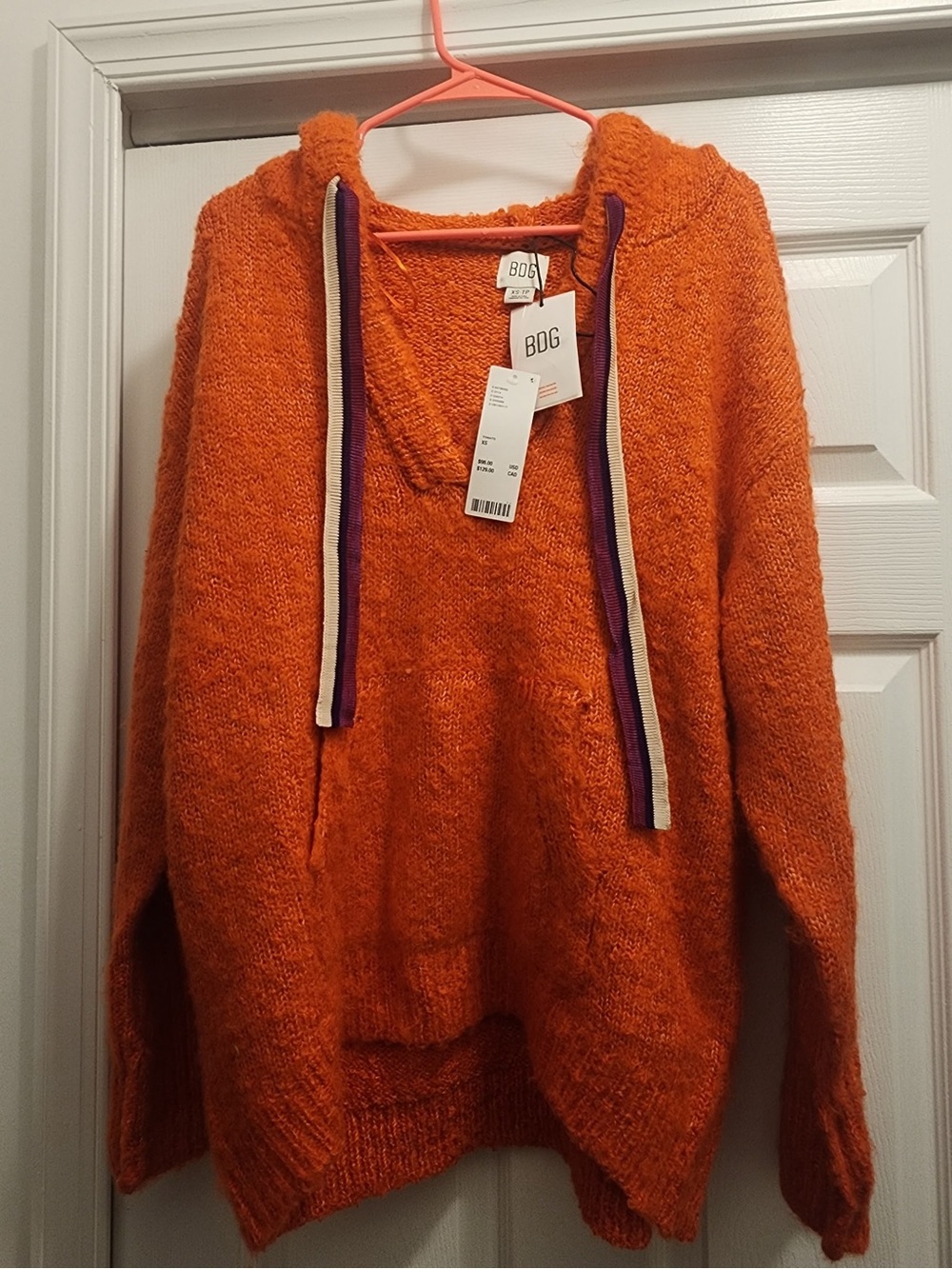 BDG Bright Orange Hooded Knit Pullover with Contrast Drawstrings